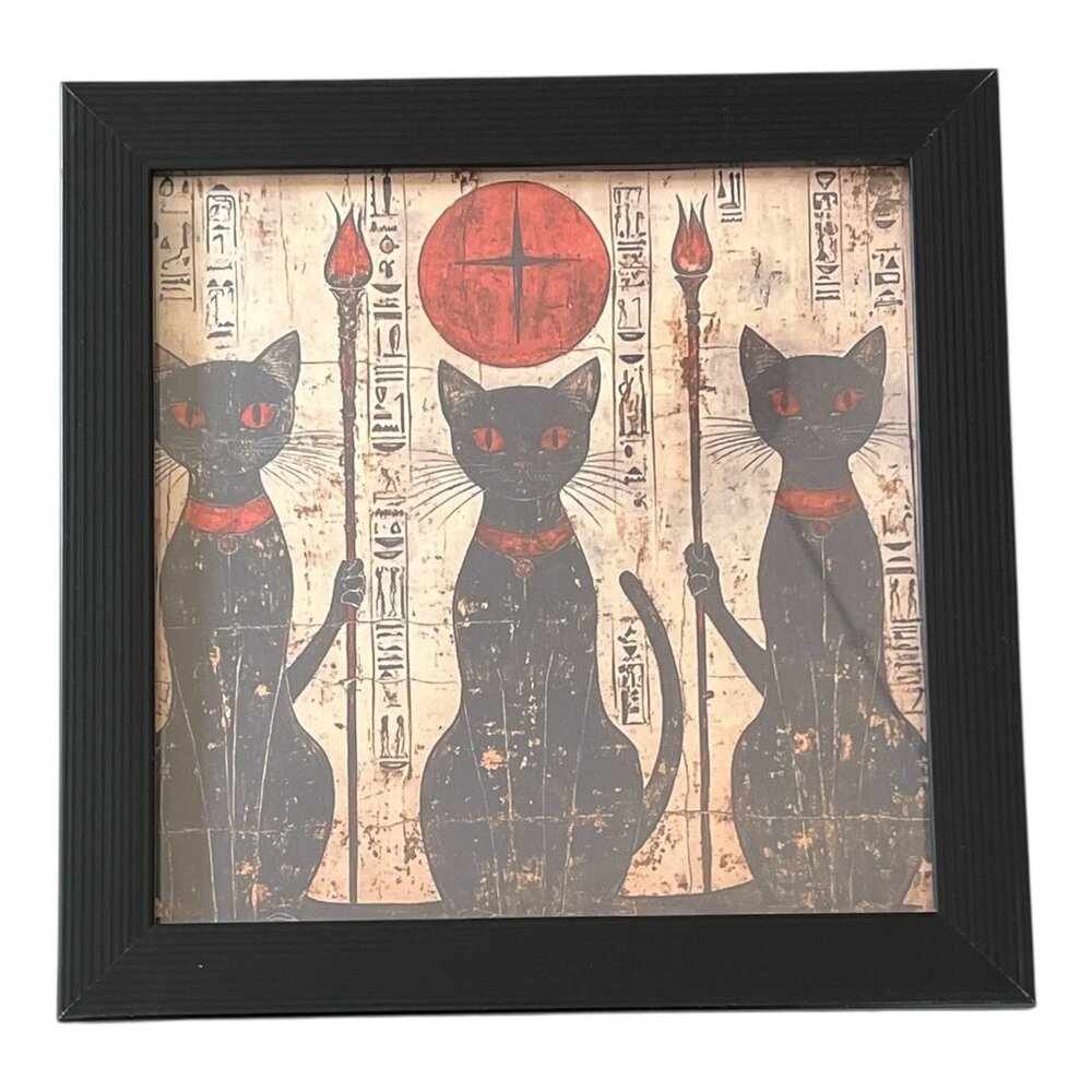 Egyptian Black Cat Art Framed 7x7 Bastet Goddess Wall Decor Hieroglyphics Sun - Picture 2 of 5